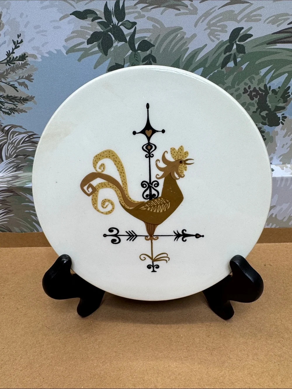 Vintage Knowles Ceramic Weather Vane Rooster Marked Plate in Gold and White